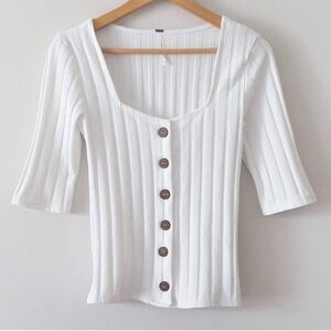 Free People White Ribbed Button Front Top XS Scoop Neck 3/4 Sleeve